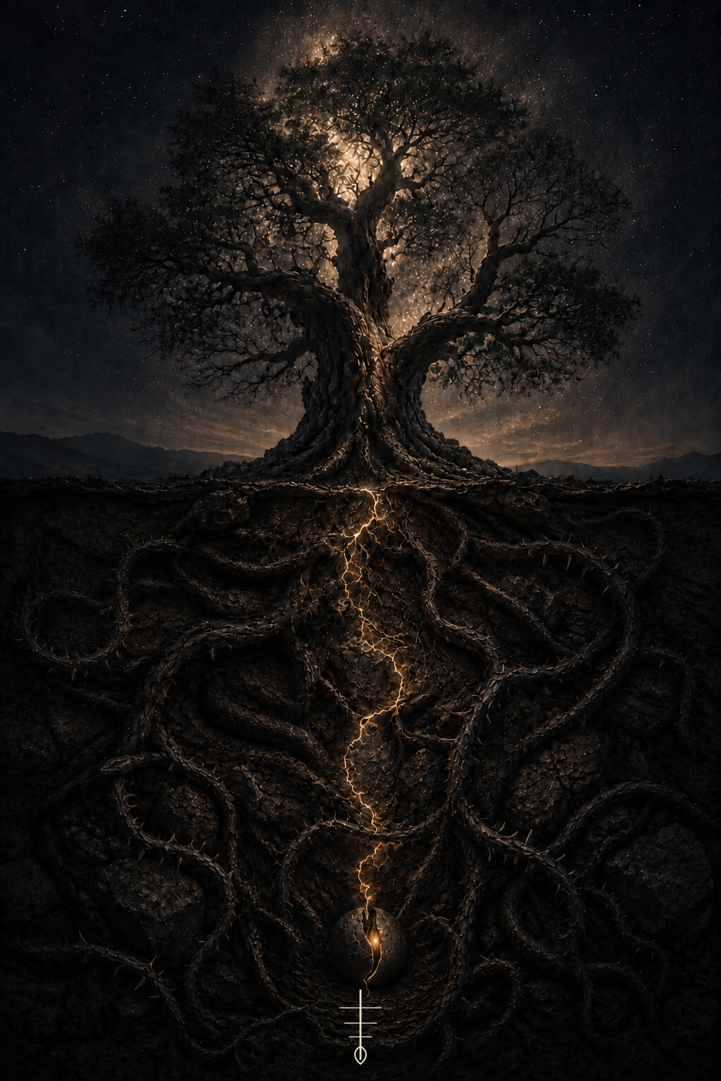 A tree rising above dark earth, with a thread of light reaching deep into its roots