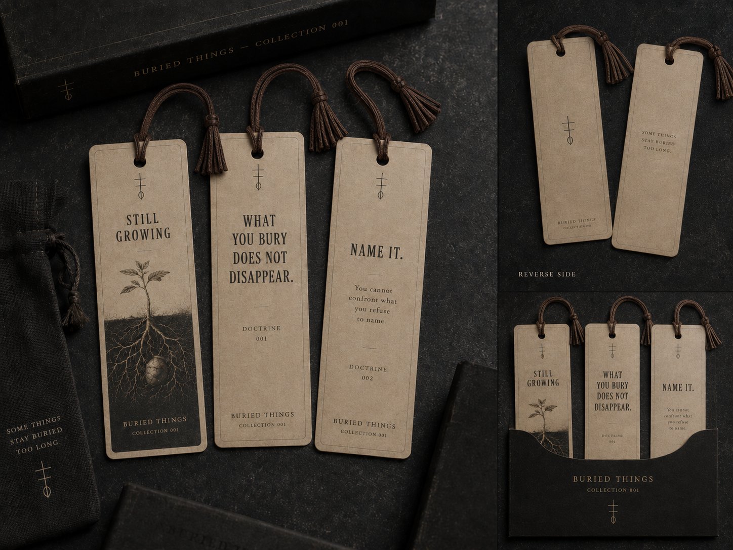 Buried Things bookmarks — mockup