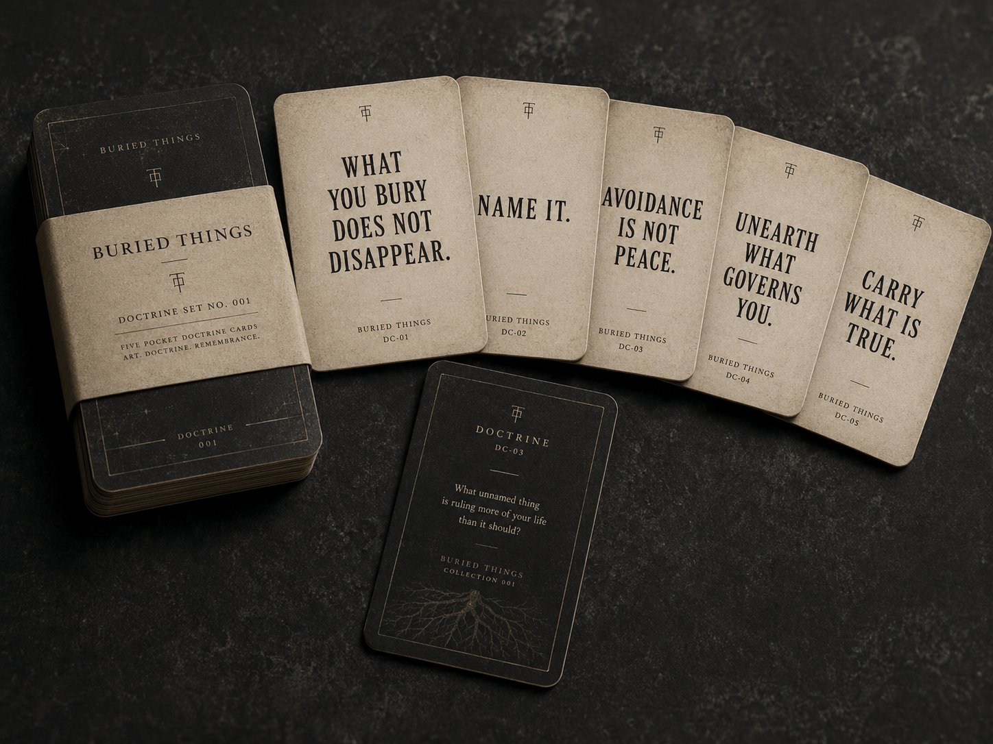 Buried Things doctrine cards — mockup